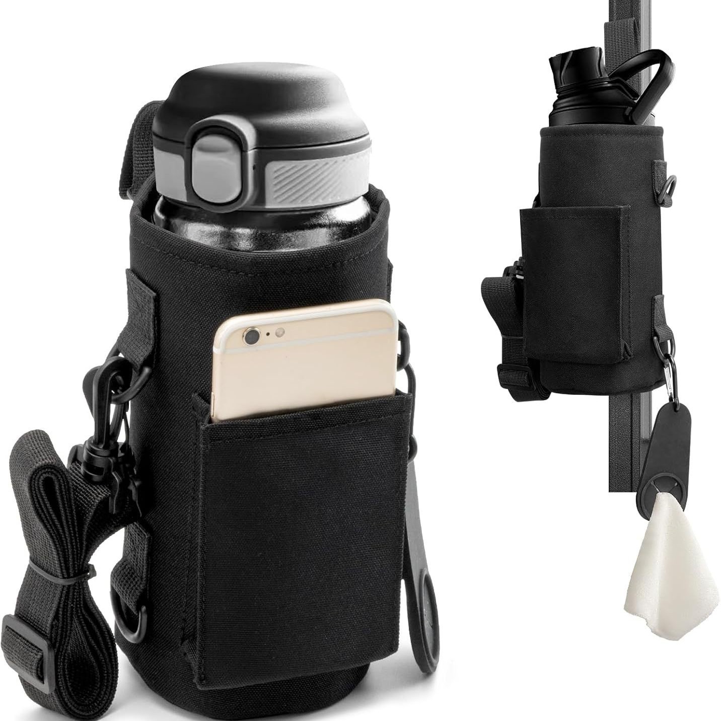 Black Magnetic Gym Water Bottle Pouch & Towel Clip with 6 High-Strength