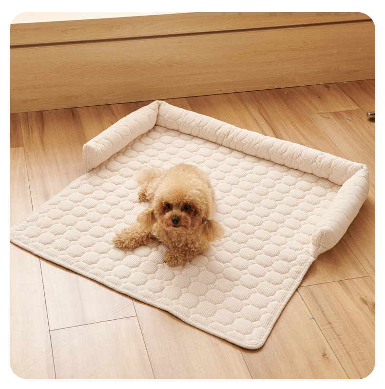 Beige Pet Sofa Protector & Calming Bolster Bed with Diamond Lattice - 75x75CM