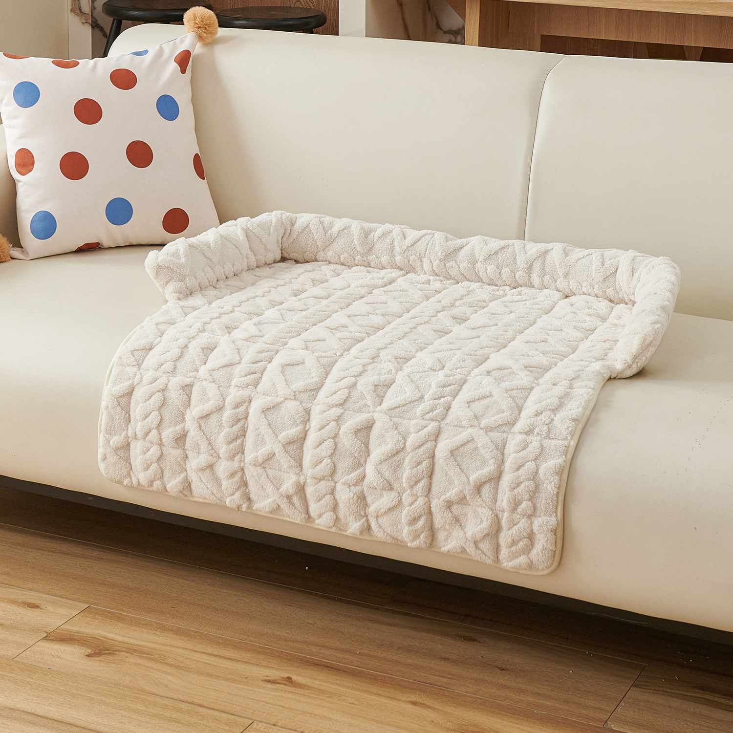 Beige Pet Sofa Protector & Calming Bolster Bed with Cable Knit - 75x75CM