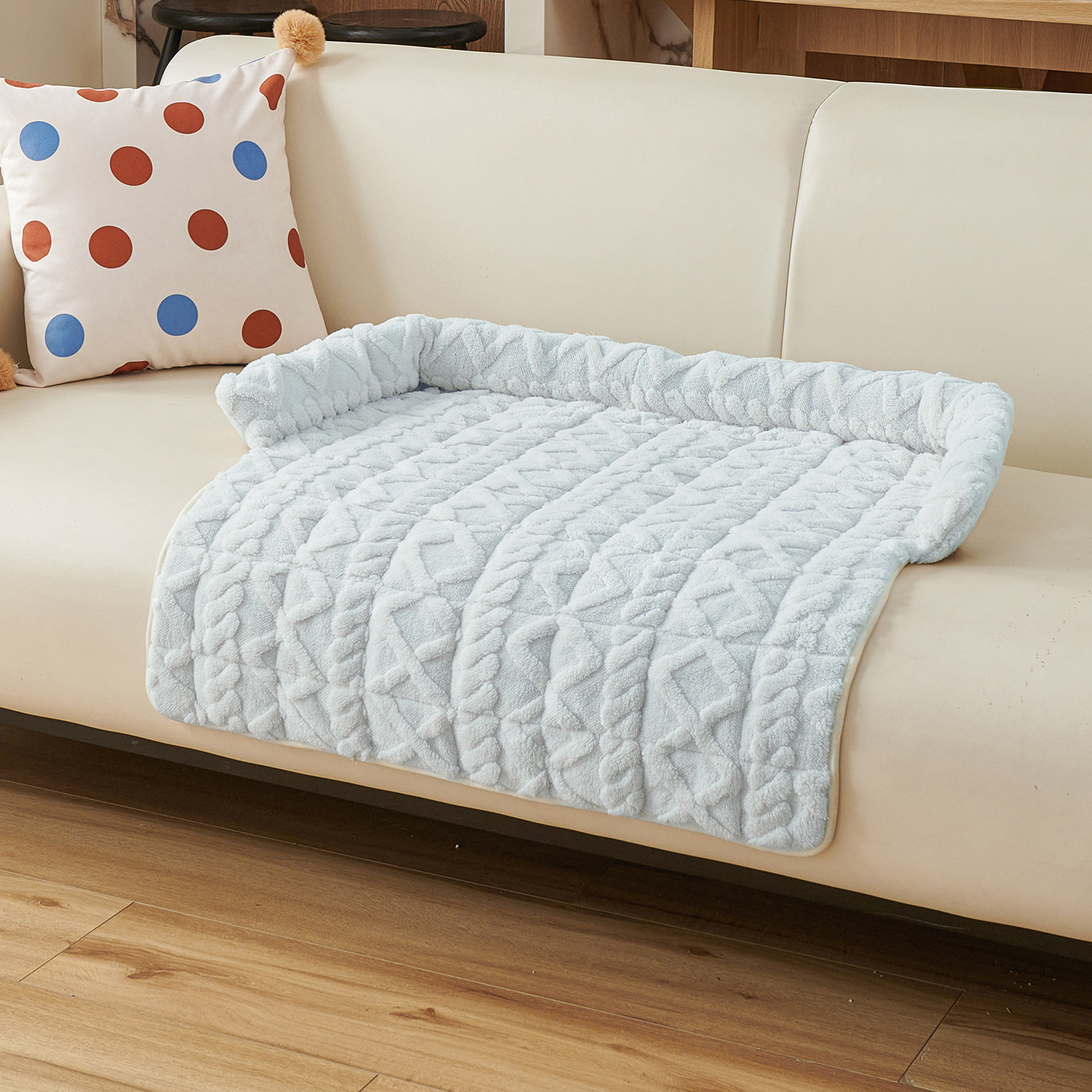 Blue Pet Sofa Protector & Calming Bolster Bed with Cable Knit - 75x75CM
