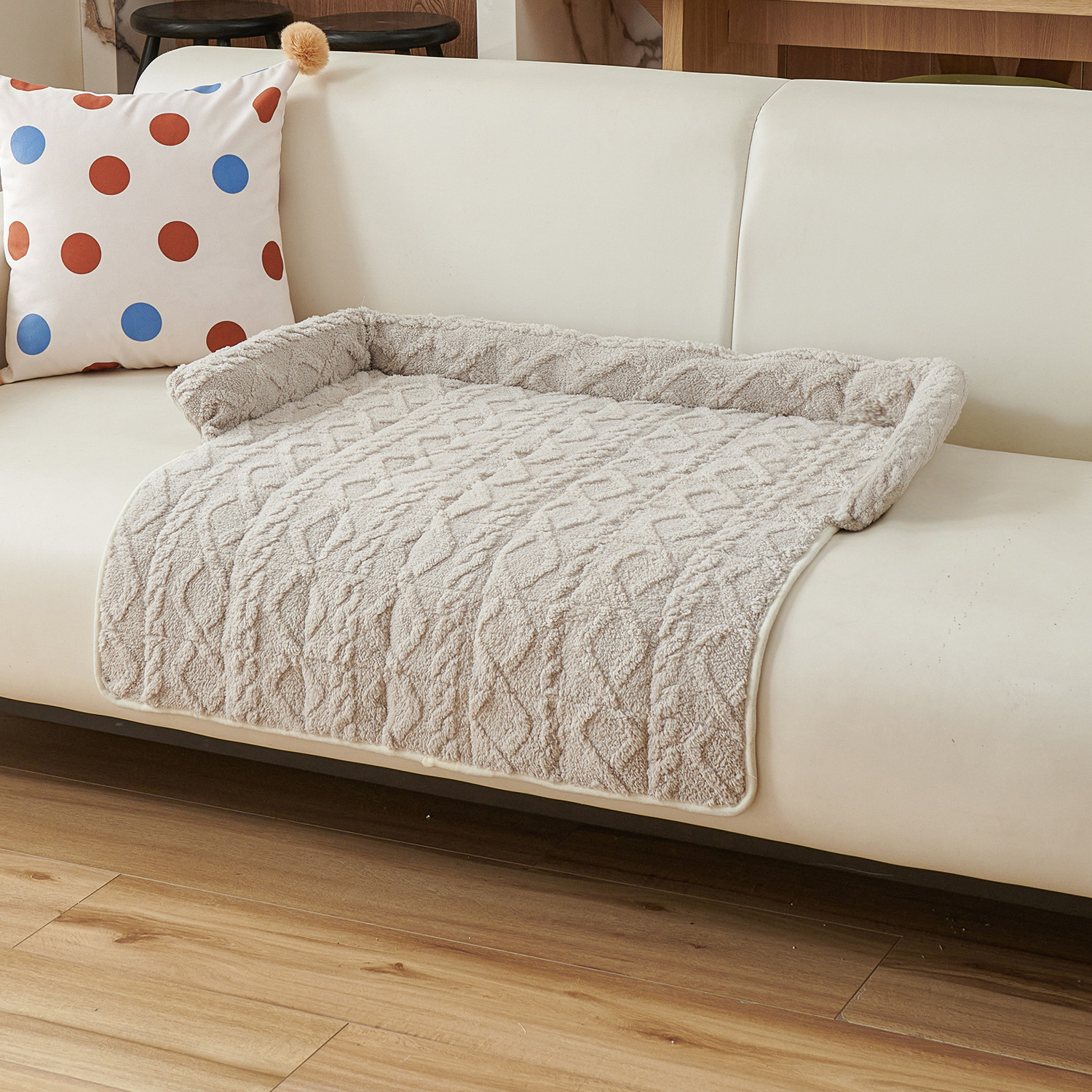 Light Grey Pet Sofa Protector & Calming Bolster Bed with Cable Knit - 75x75CM