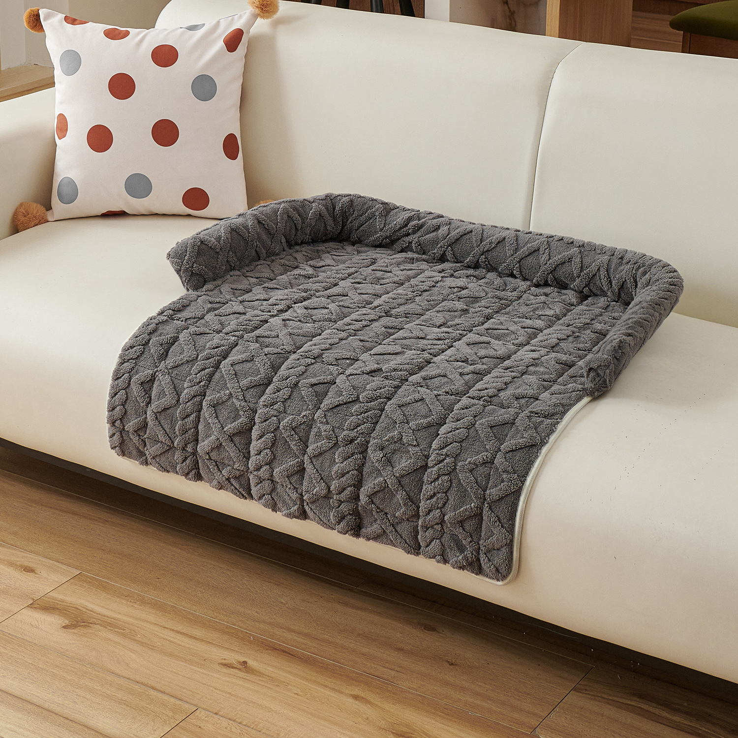Dark Grey Pet Sofa Protector & Calming Bolster Bed with Cable Knit - 75x75CM