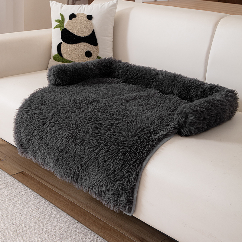 Black Pet Sofa Protector & Calming Bolster Bed with Long Plush - 75x75CM