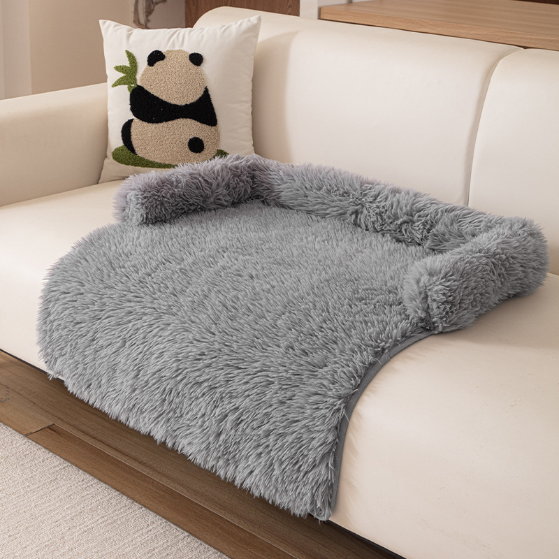 Grey Pet Sofa Protector & Calming Bolster Bed with Long Plush - 75x75CM