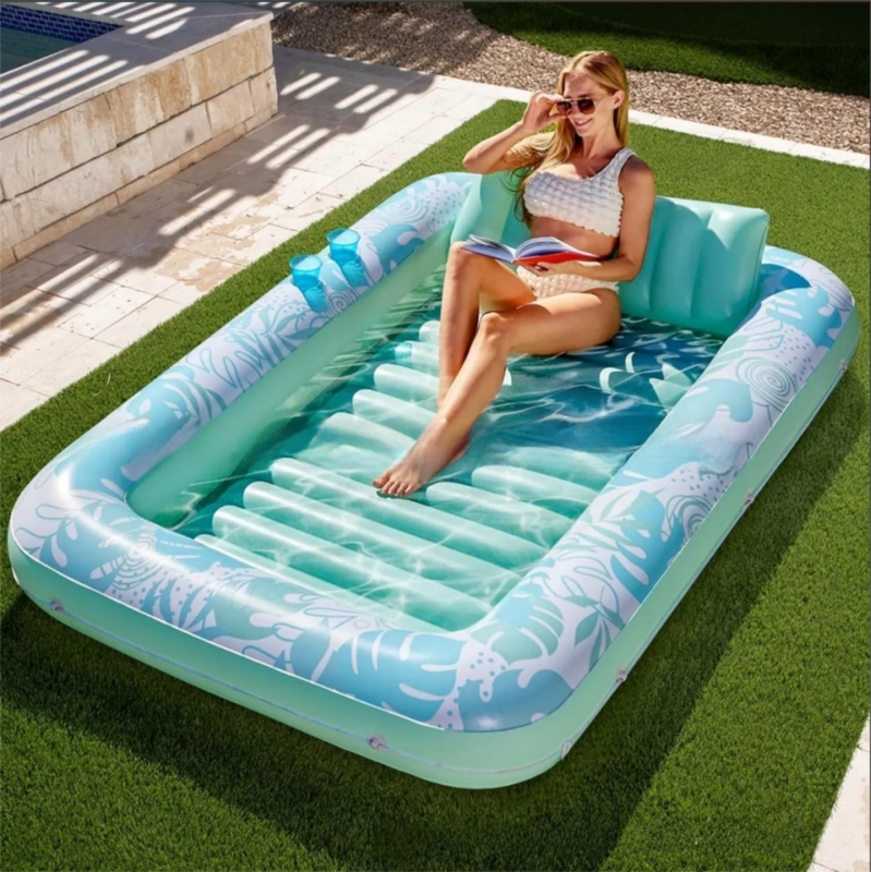 180x118CM Green Deluxe Inflatable Suntan Tub & Floating Pool Lounger with Dual