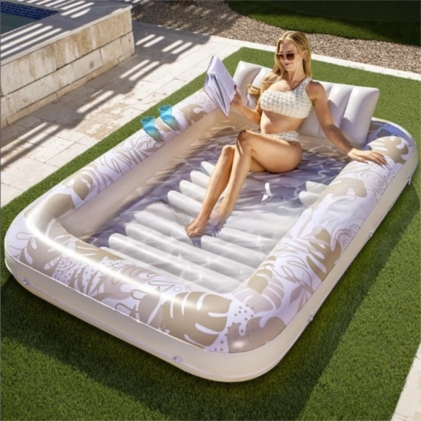 180x118CM Gold Deluxe Inflatable Suntan Tub & Floating Pool Lounger with Dual