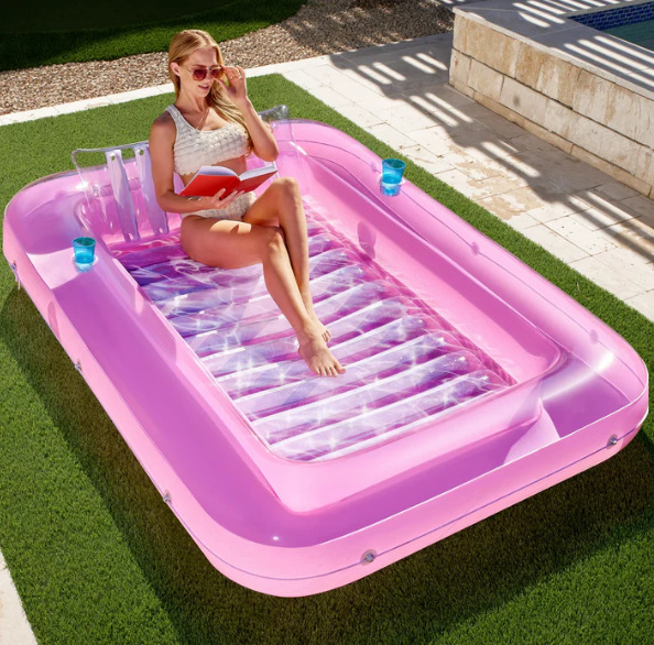 180x118CM Pink Transparent Inflatable Suntan Tub & Floating Pool Lounger with