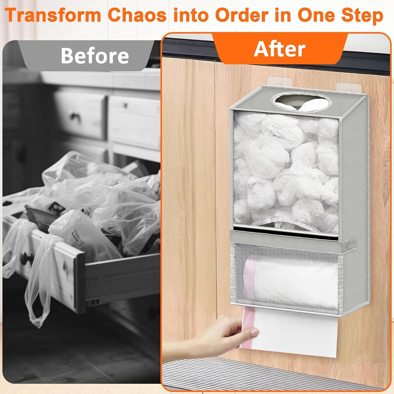 2-in-1 Black Kitchen Plastic Bag & Trash Bag Roll Dispenser - Hanging Grocery view 3