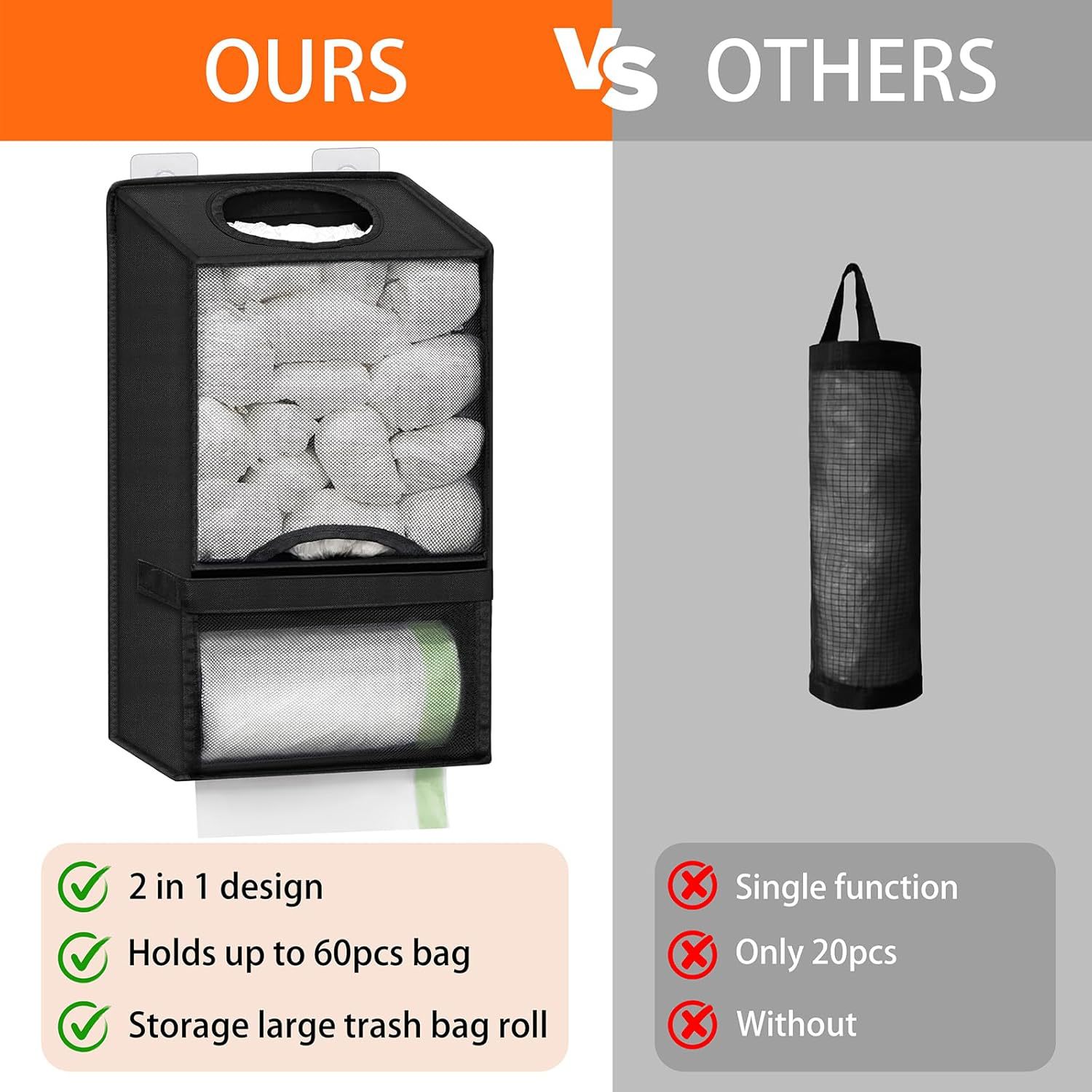 2-in-1 Grey Kitchen Plastic Bag & Trash Bag Roll Dispenser - Hanging Grocery & view 4