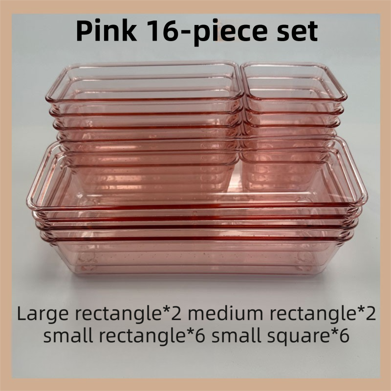 16PCS Pink Transparent Stackable Organizer Set - 4-Size Versatile Desktop &