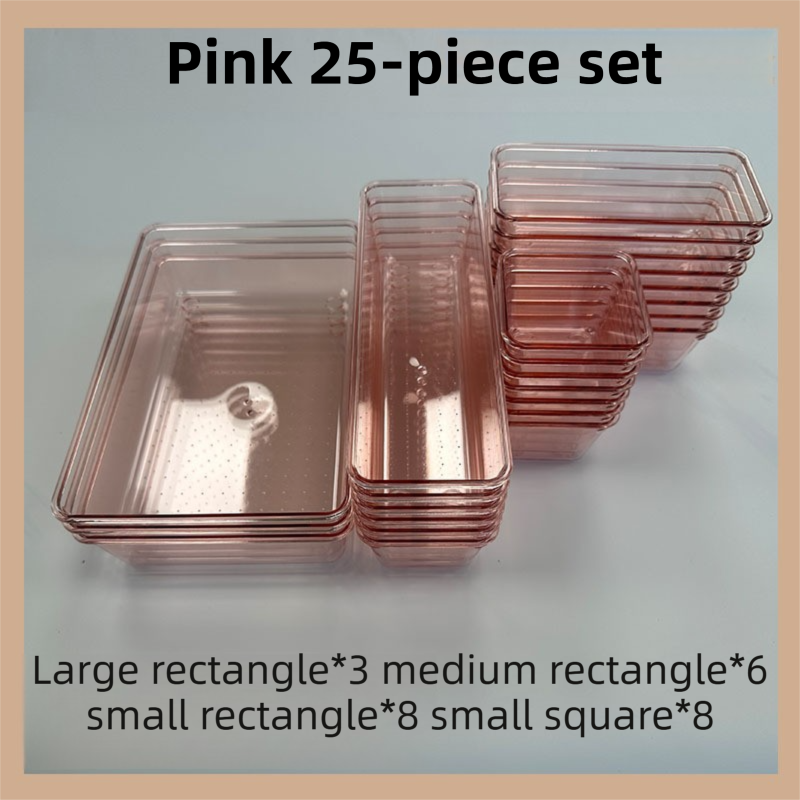25PCS Pink Transparent Stackable Organizer Set - 4-Size Versatile Desktop &
