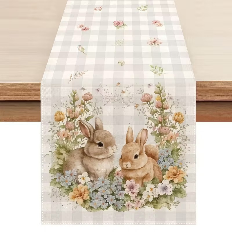 33 x 183 CM Festive Easter Linen Table Runner - Cartoon Bunny Table Runner & — image 1