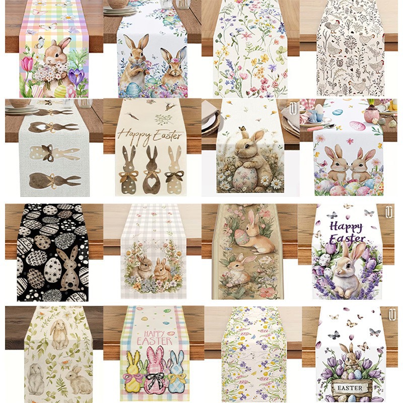 33 x 183 CM Festive Easter Linen Table Runner - Cartoon Bunny Table Runner & view 2