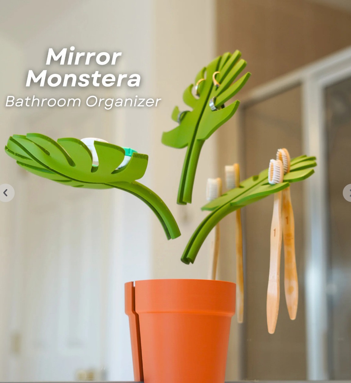 2 Set Mirror-Mount Half-Leaf Monstera Bathroom Organizer (Vase + 3 Leaves)