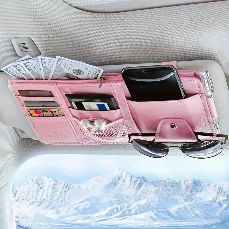 Pink Premium Leather Car Sun Visor Organizer - Secure Zippered Storage Pouch — image 1