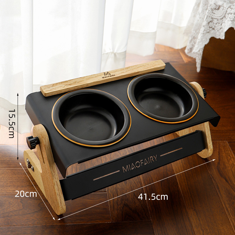 Black Elevated Adjustable (9-14CM) Double Ceramic Bowls Pet Diner - Ergonomic