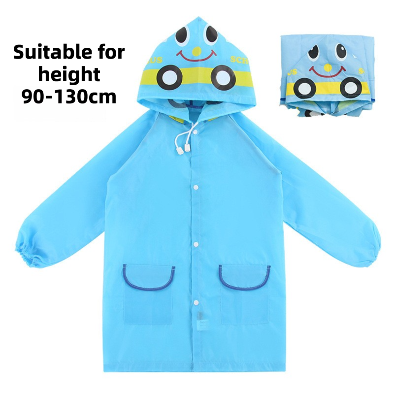 Blue Car Kids Cartoon Animal Raincoat - Waterproof Hooded Rain Poncho for