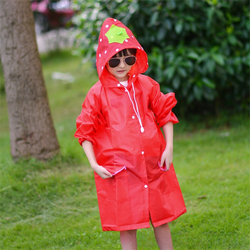 Red Strawberry Kids Cartoon Animal Raincoat - Waterproof Hooded Rain Poncho view 2