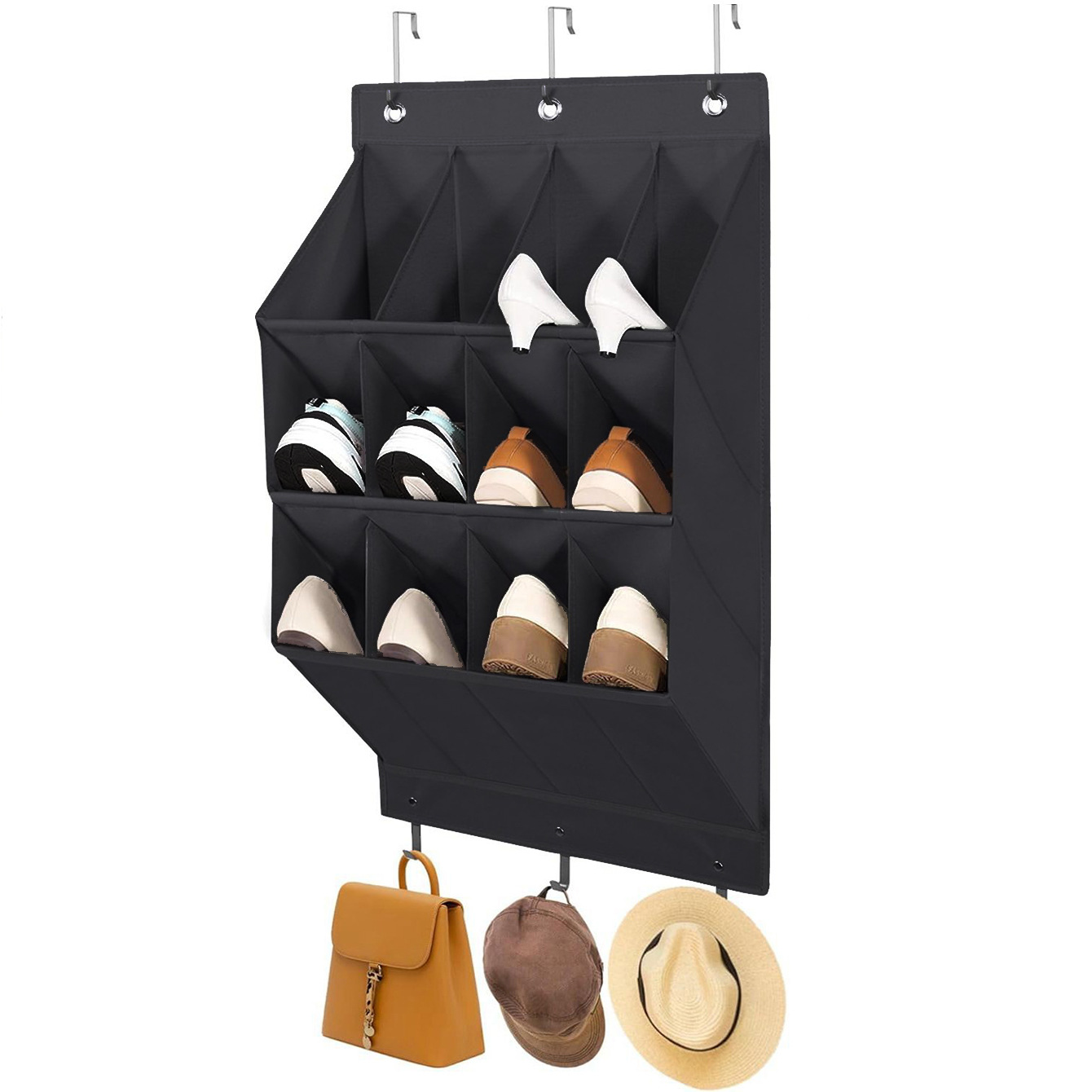 12-Pockets Black Collapsible Over-the-Door Hanging Storage Bag - Space-Saving