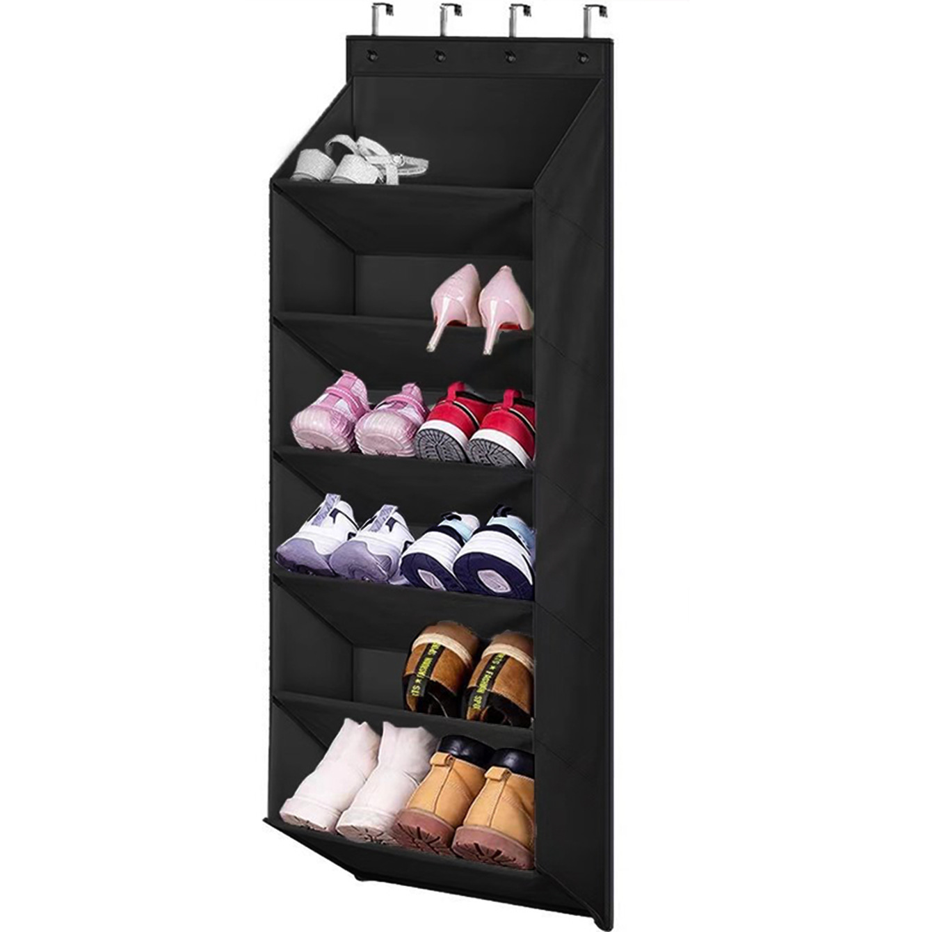 6-Tier Black Collapsible Over-the-Door Hanging Storage Bag - Space-Saving