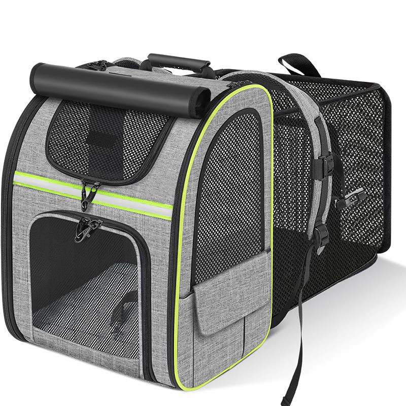 Grey and Green Large Expandable Cat Travel Backpack - Breathable & Collapsible