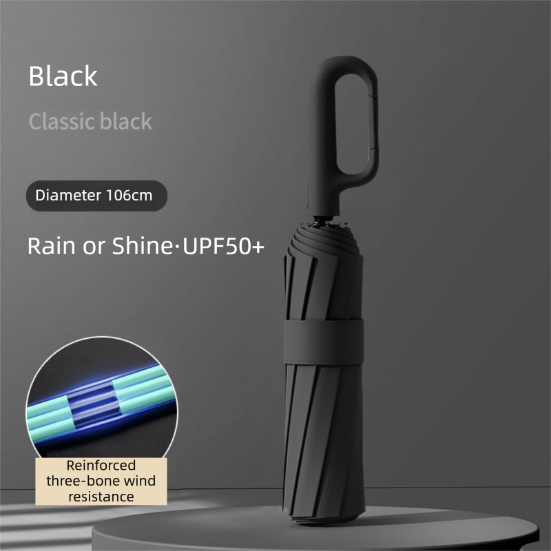 Black Heavy Duty Fully Automatic Carabiner Umbrella with Integrated Hook