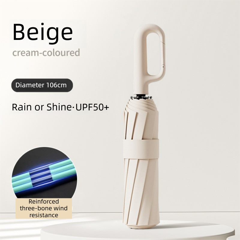 Beige Heavy Duty Fully Automatic Carabiner Umbrella with Integrated Hook