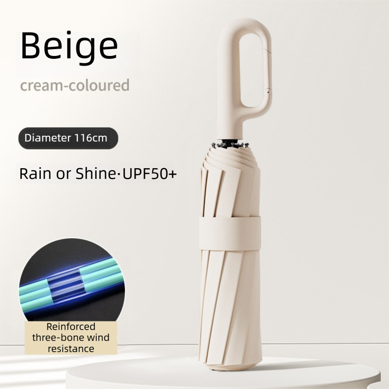 Beige Heavy Duty Fully Automatic Carabiner Umbrella with Integrated Hook