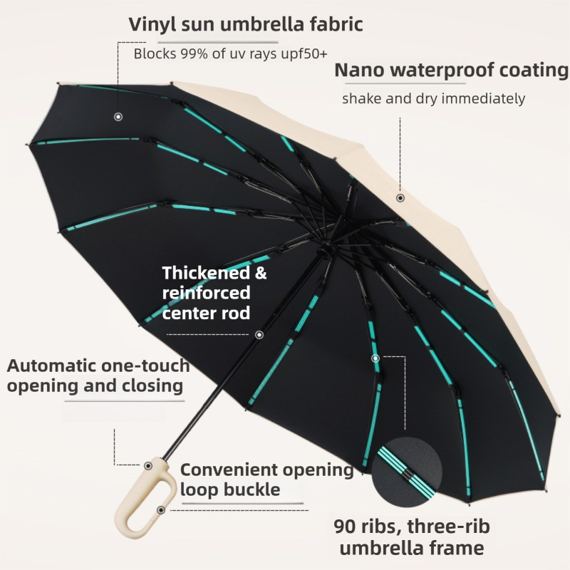 Beige Heavy Duty Fully Automatic Carabiner Umbrella with Integrated Hook view 3