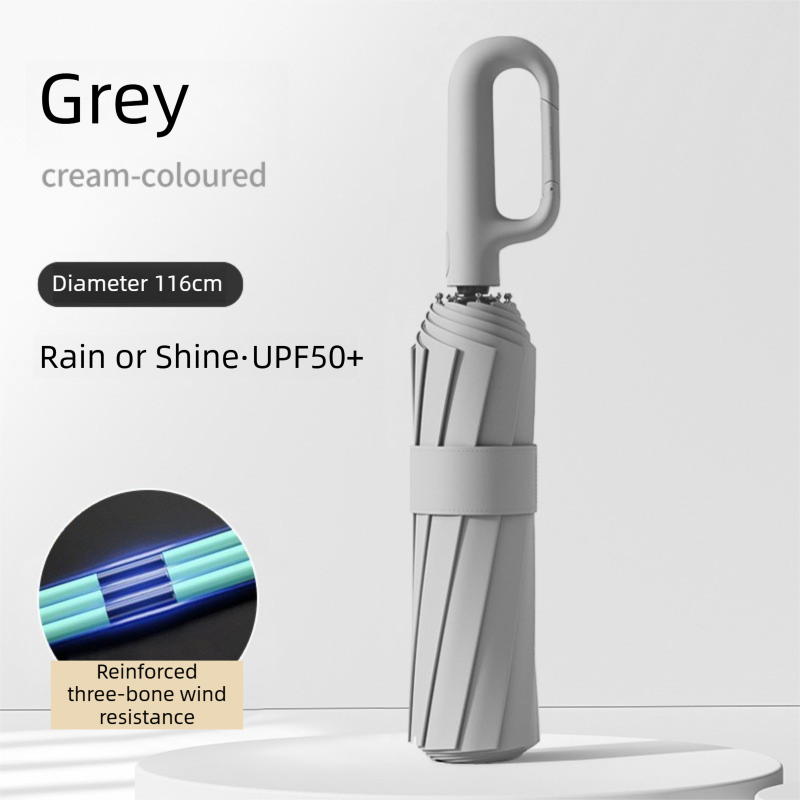 Grey Heavy Duty Fully Automatic Carabiner Umbrella with Integrated Hook Handle