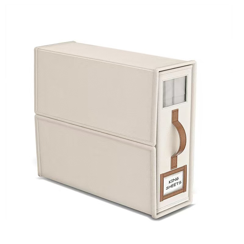 2-Pack Beige Foldable Bedding Storage Box with Zipper & PU Leather Handle