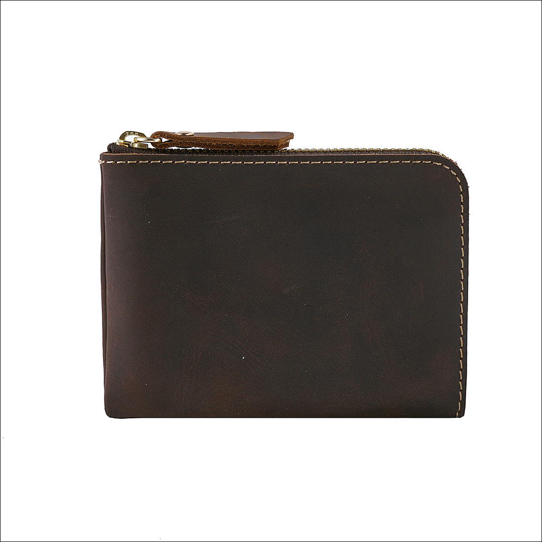 Coffee Handmade Crazy Horse Leather Wallet Minimalist L-Zip Card Holder Top