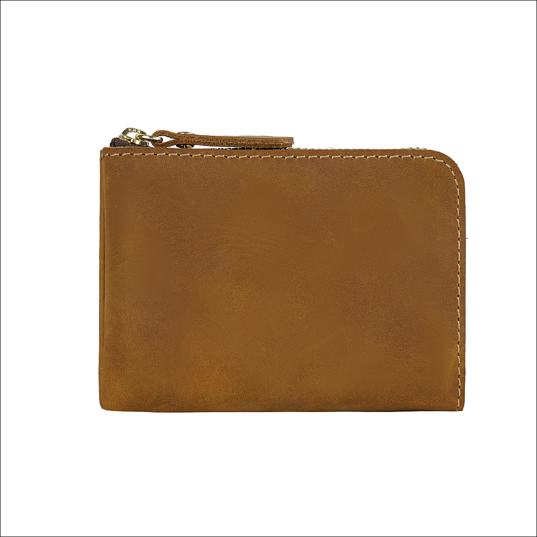 Yellow-brown Handmade Crazy Horse Leather Wallet Minimalist L-Zip Card Holder
