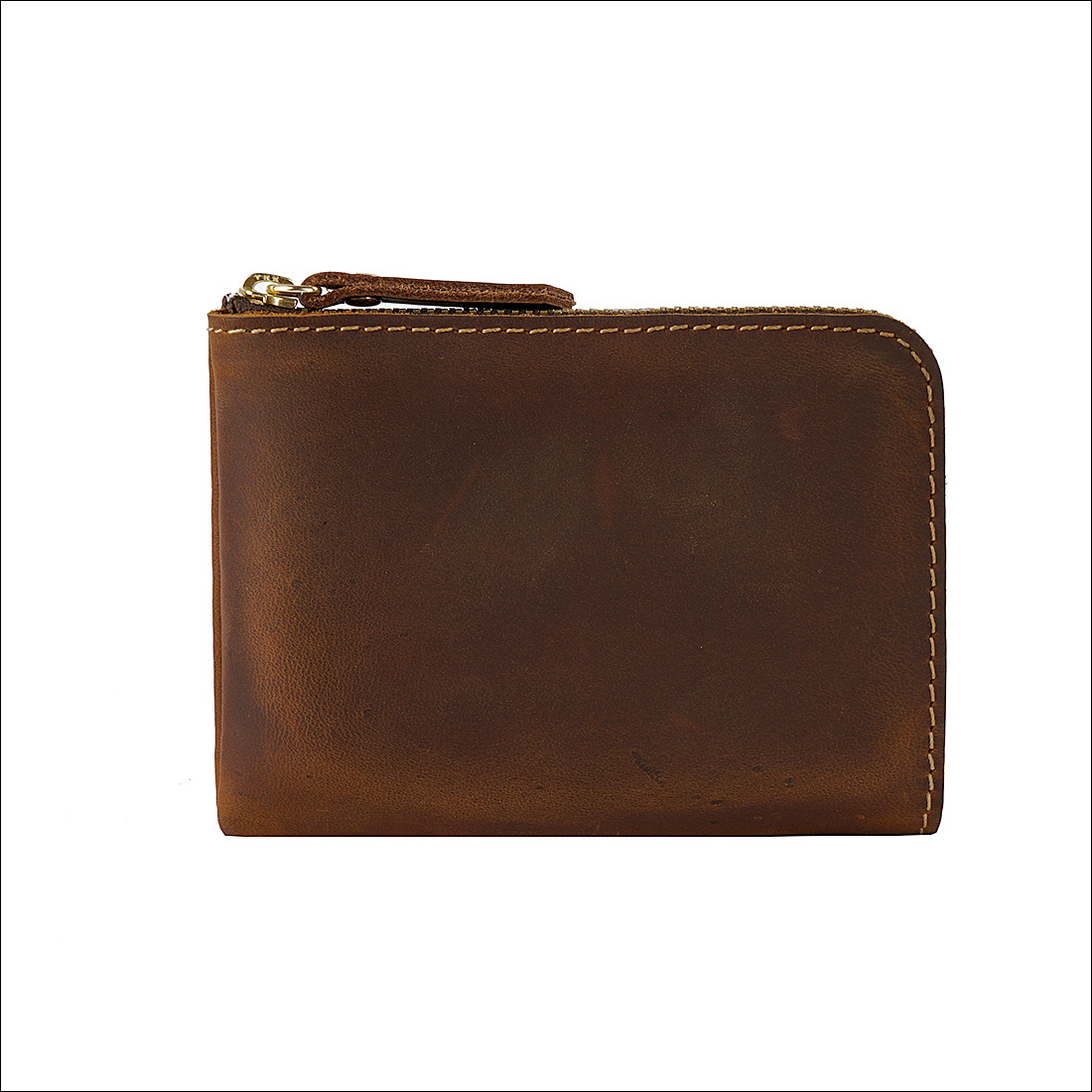 Dark-brown Handmade Crazy Horse Leather Wallet Minimalist L-Zip Card Holder