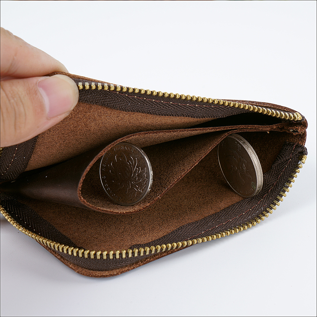 Dark-brown Handmade Crazy Horse Leather Wallet Minimalist L-Zip Card Holder view 2