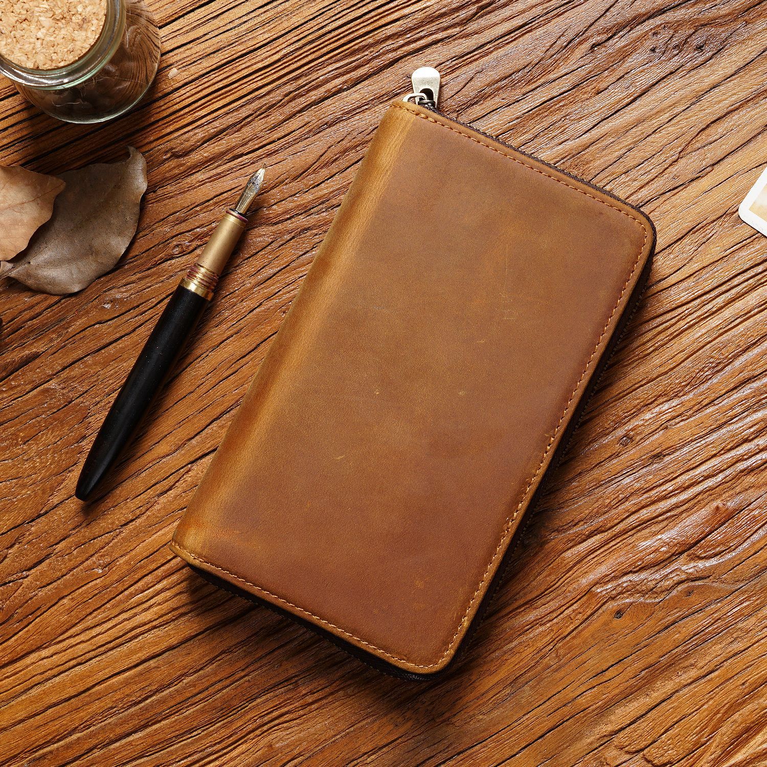 Brown Genuine Crazy Horse Leather Fountain Pen Case Zippered Organiser Pouch