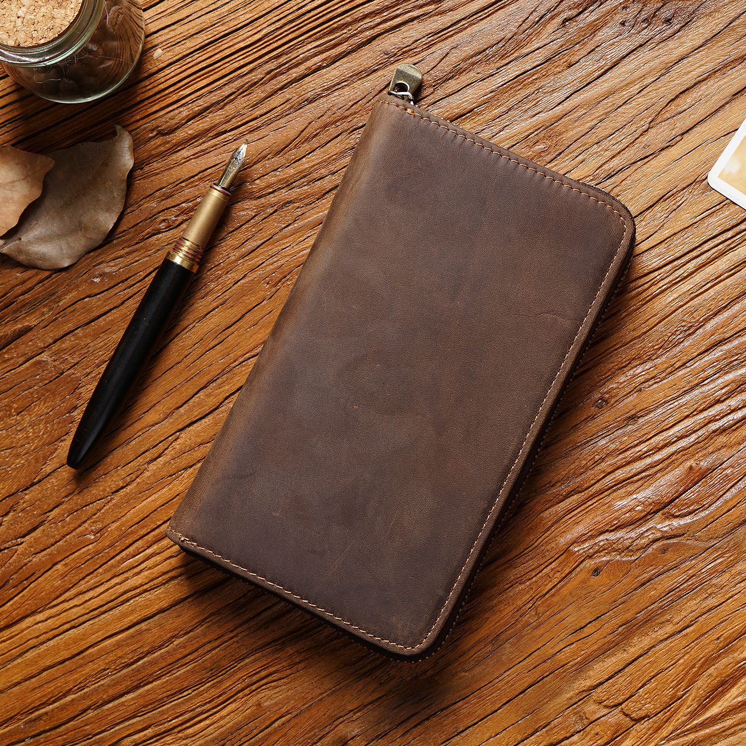 Coffee Genuine Crazy Horse Leather Fountain Pen Case Zippered Organiser Pouch