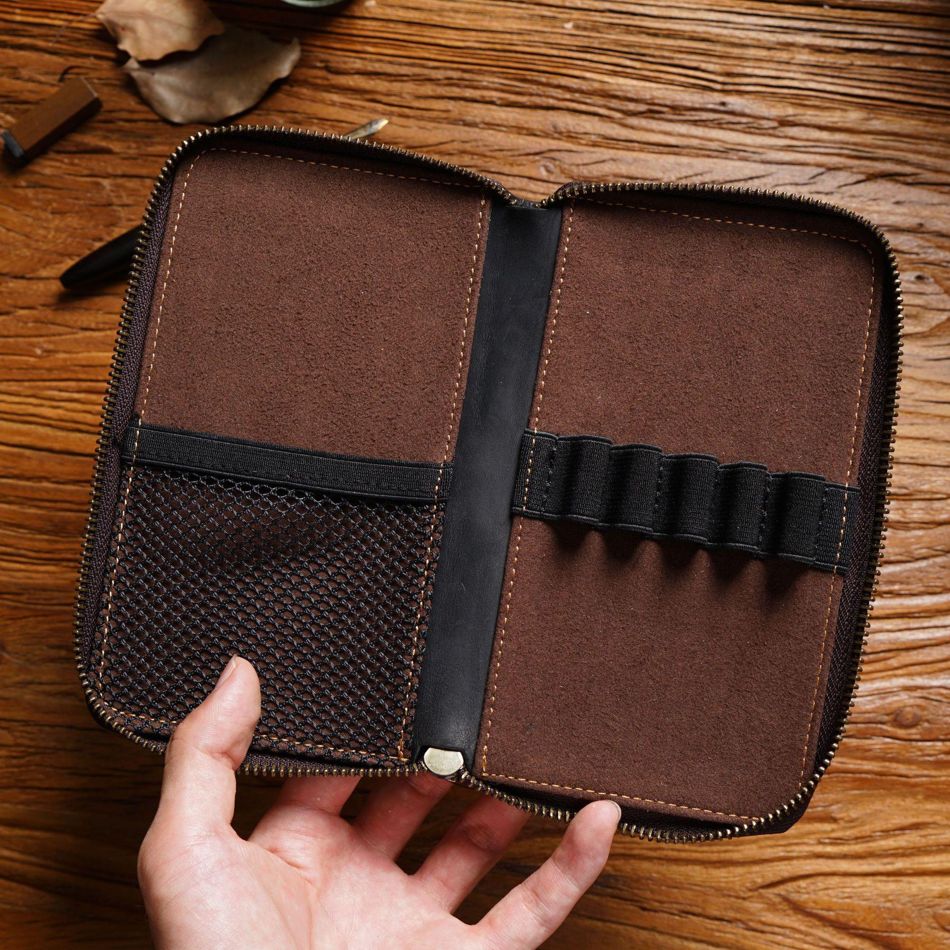 Coffee Genuine Crazy Horse Leather Fountain Pen Case Zippered Organiser Pouch view 4