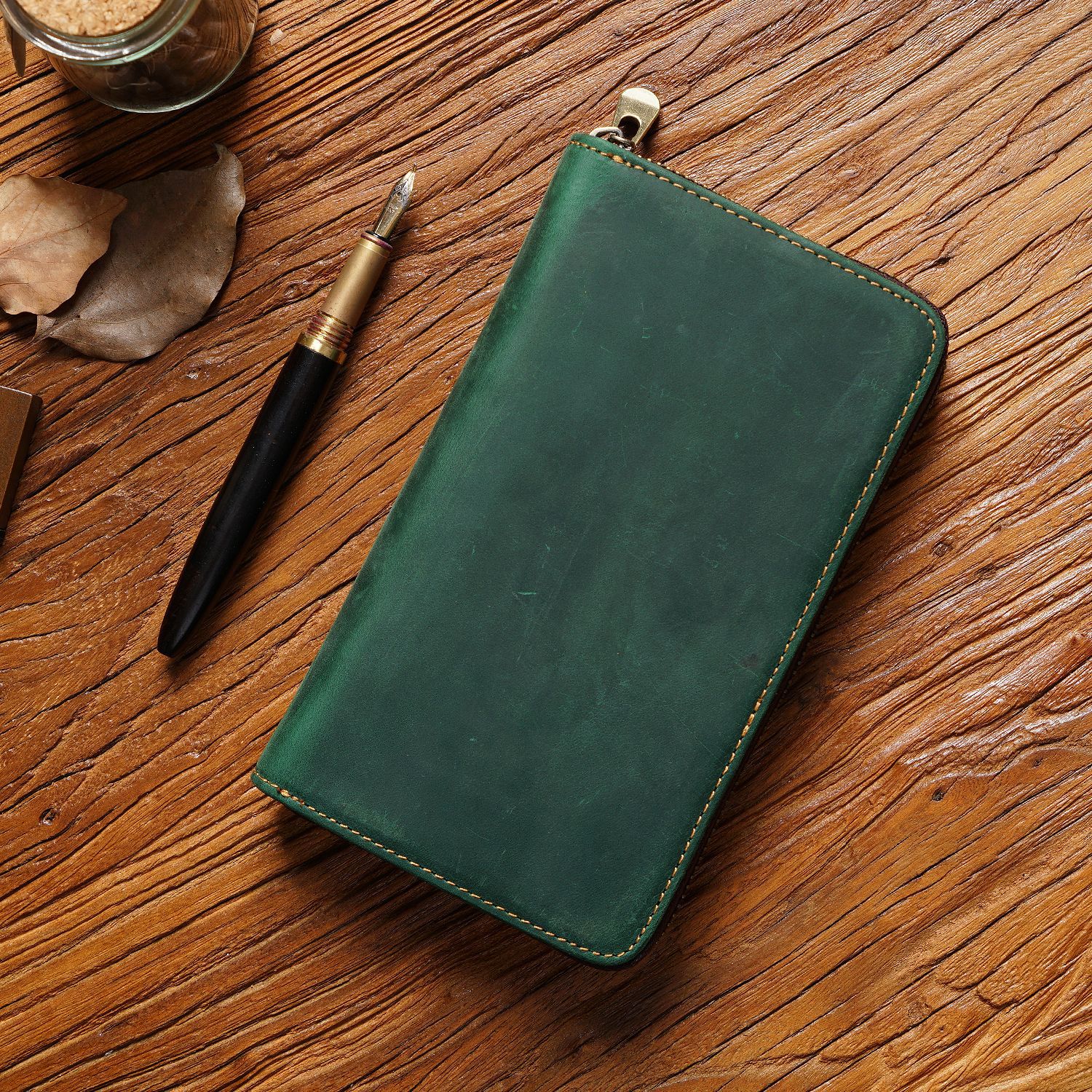 Green Genuine Crazy Horse Leather Fountain Pen Case Zippered Organiser Pouch