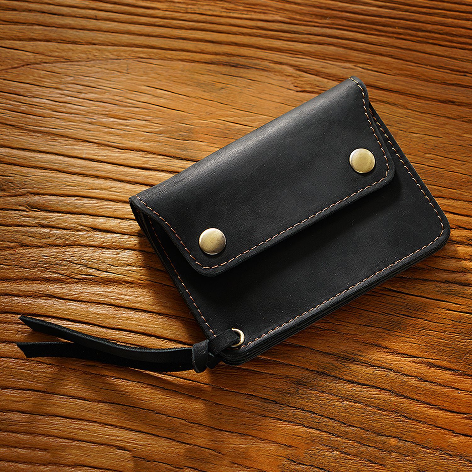 Black Handmade Crazy Horse Leather Wallet Vintage Coin Purse Zipper Card