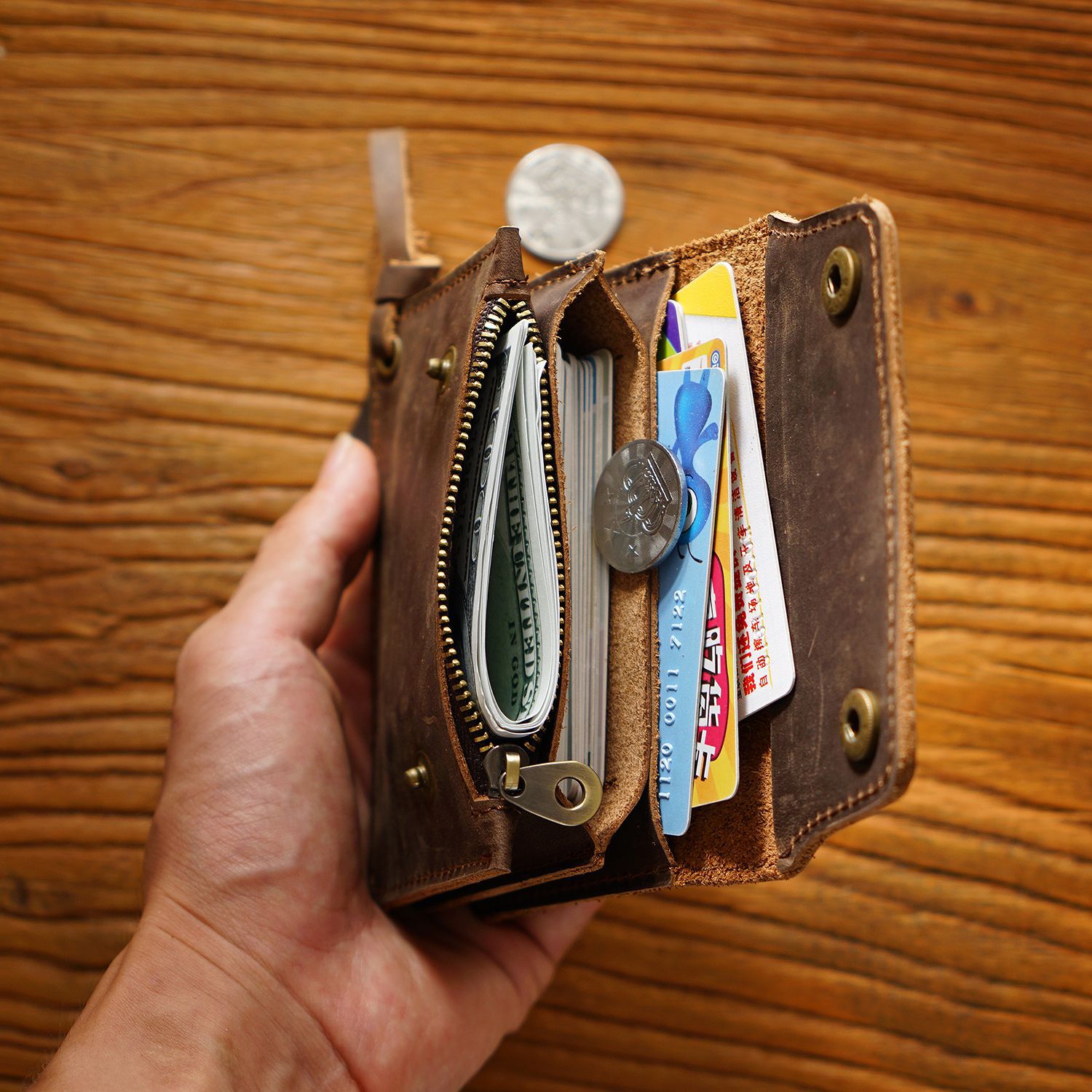 Coffee Handmade Crazy Horse Leather Wallet Vintage Coin Purse Zipper Card view 3