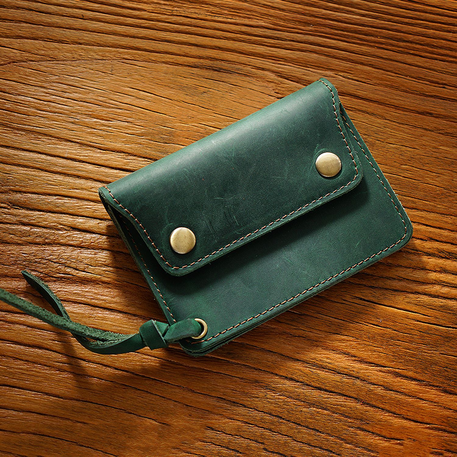Green Handmade Crazy Horse Leather Wallet Vintage Coin Purse Zipper Card