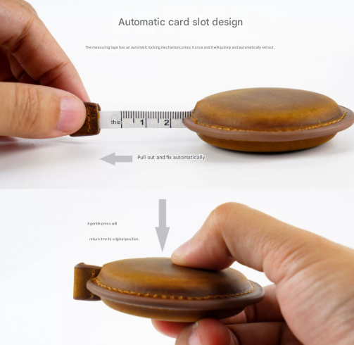 Coffee Handmade Crazy Horse Leather Retractable Tape Measure Keychain Dual view 3
