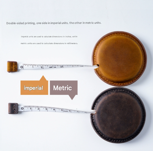 Coffee Handmade Crazy Horse Leather Retractable Tape Measure Keychain Dual view 4
