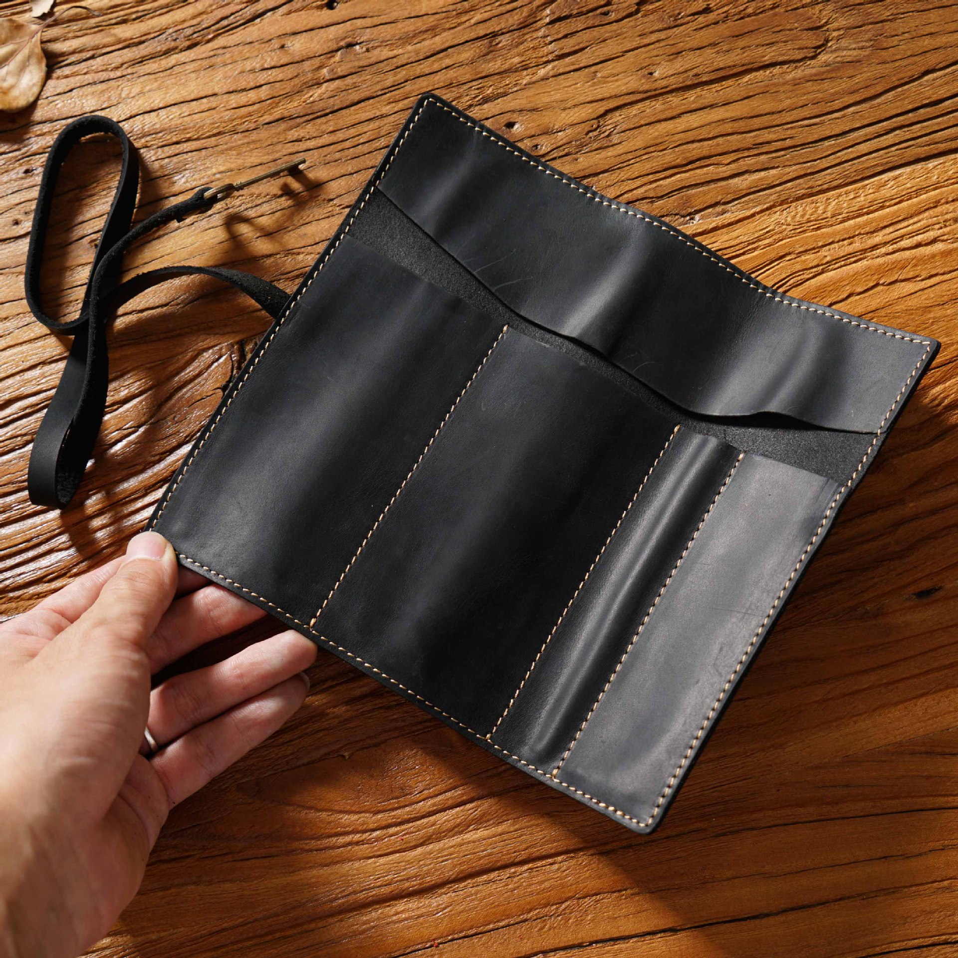 Black Genuine Crazy Horse Leather Pencil Roll Case Vintage Pen Wrap Stationery