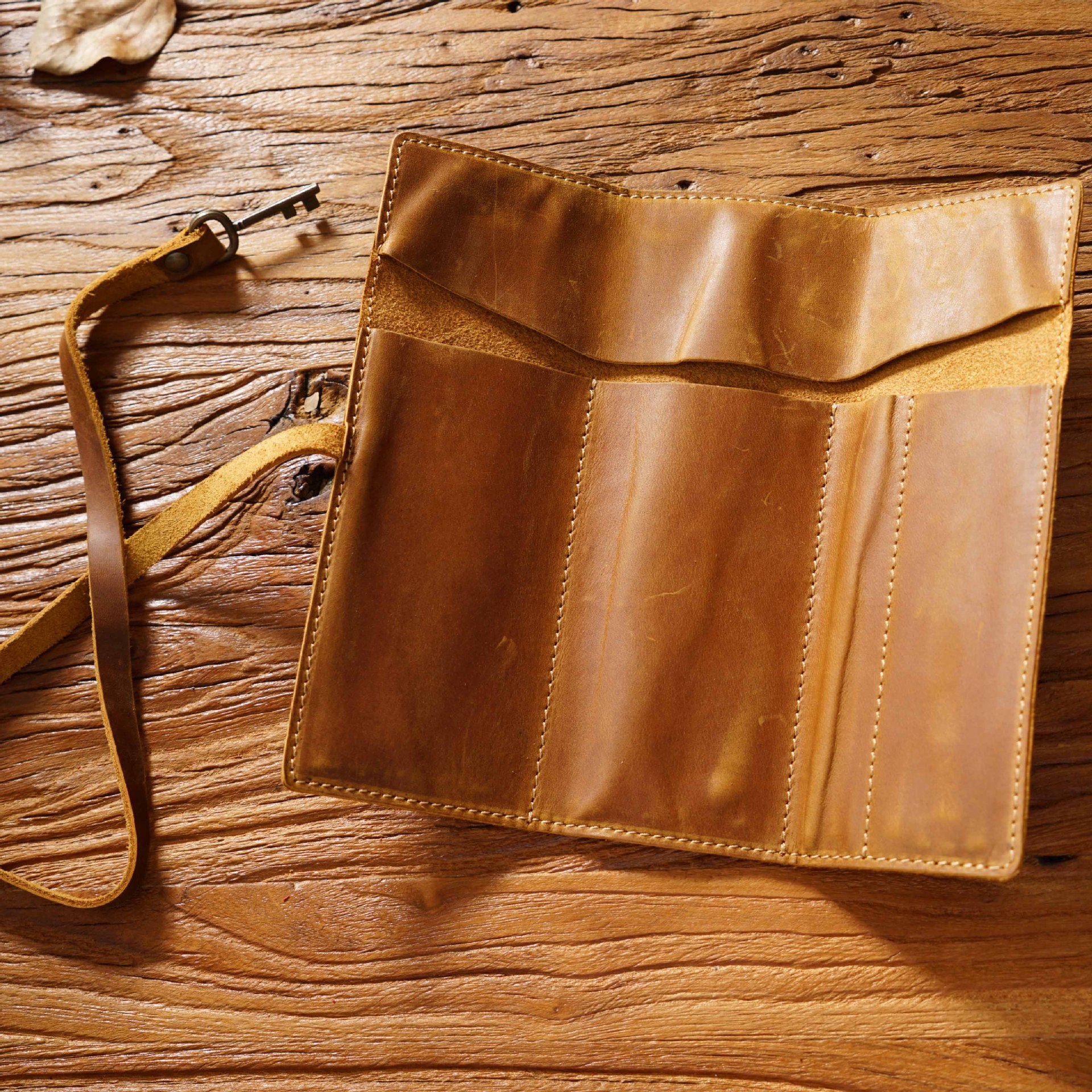 Brown Genuine Crazy Horse Leather Pencil Roll Case Vintage Pen Wrap Stationery