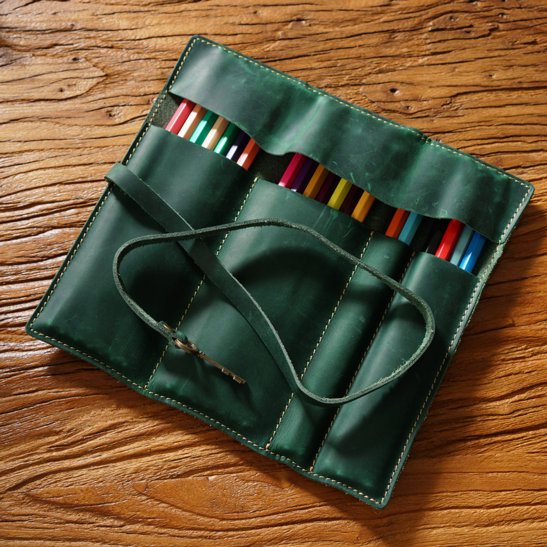 Brown Genuine Crazy Horse Leather Pencil Roll Case Vintage Pen Wrap Stationery view 3