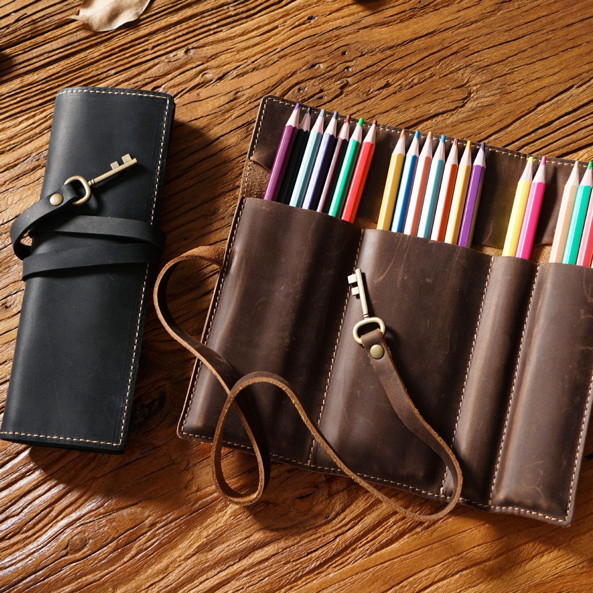 Brown Genuine Crazy Horse Leather Pencil Roll Case Vintage Pen Wrap Stationery view 4