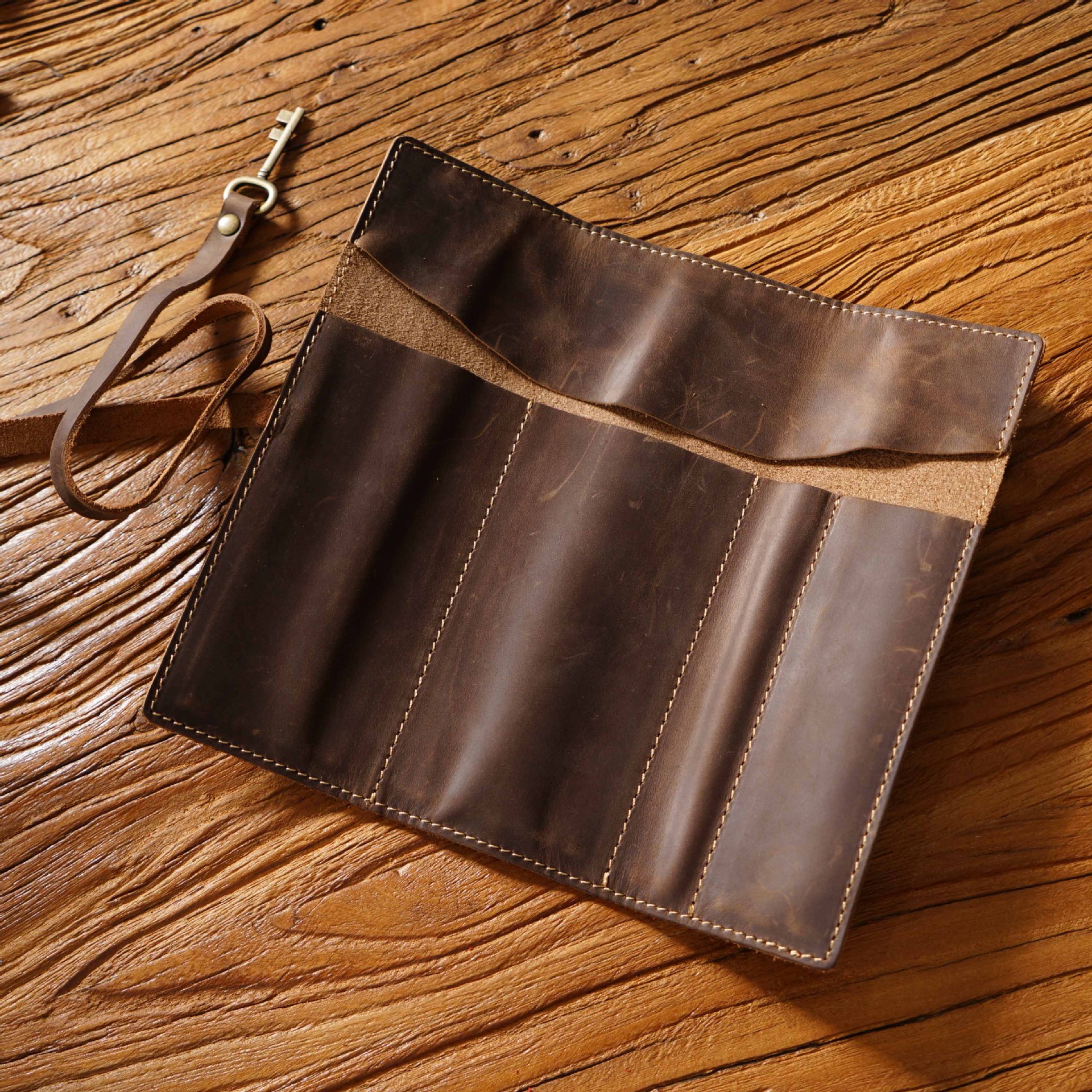 Coffee Genuine Crazy Horse Leather Pencil Roll Case Vintage Pen Wrap