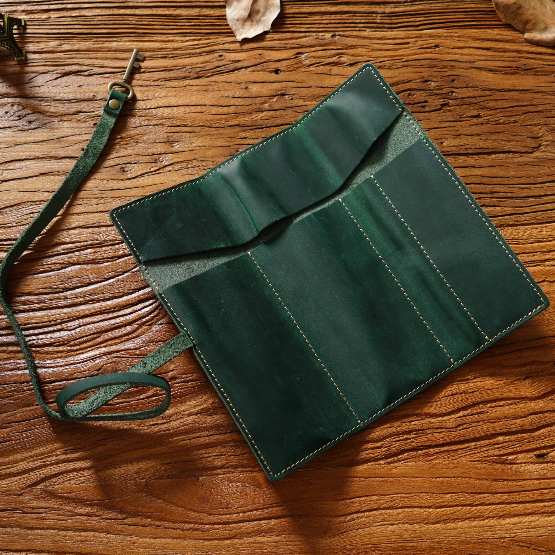 Green Genuine Crazy Horse Leather Pencil Roll Case Vintage Pen Wrap Stationery